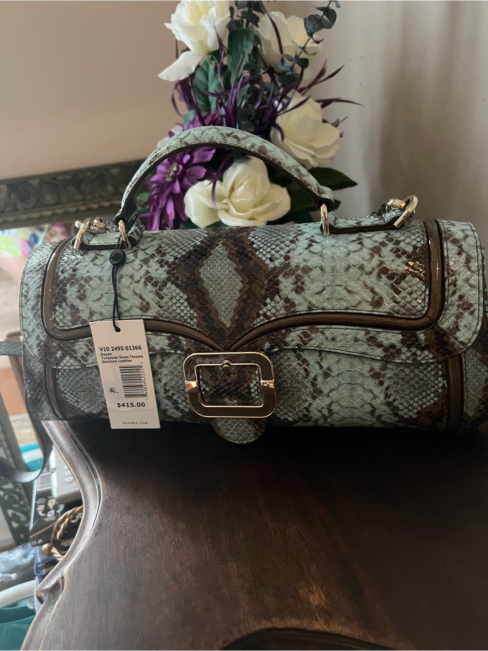 Brahmin Mint Green Python-Texture Top Handle Crossbody with Gold Buckle